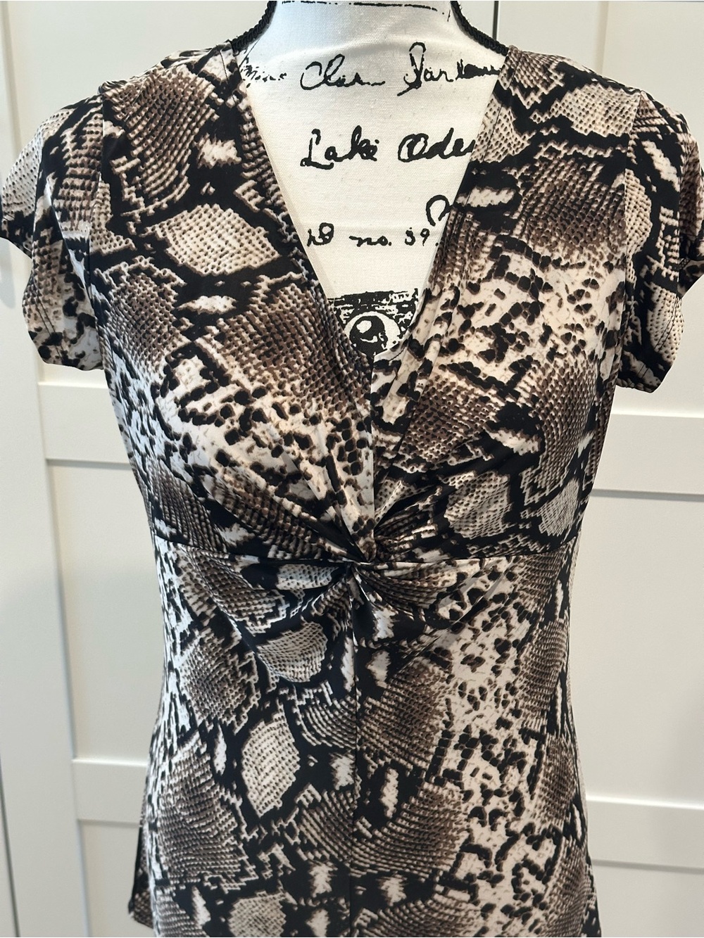 Isabella Rodriguez Python-Print Twist Front Top in Black and Brown